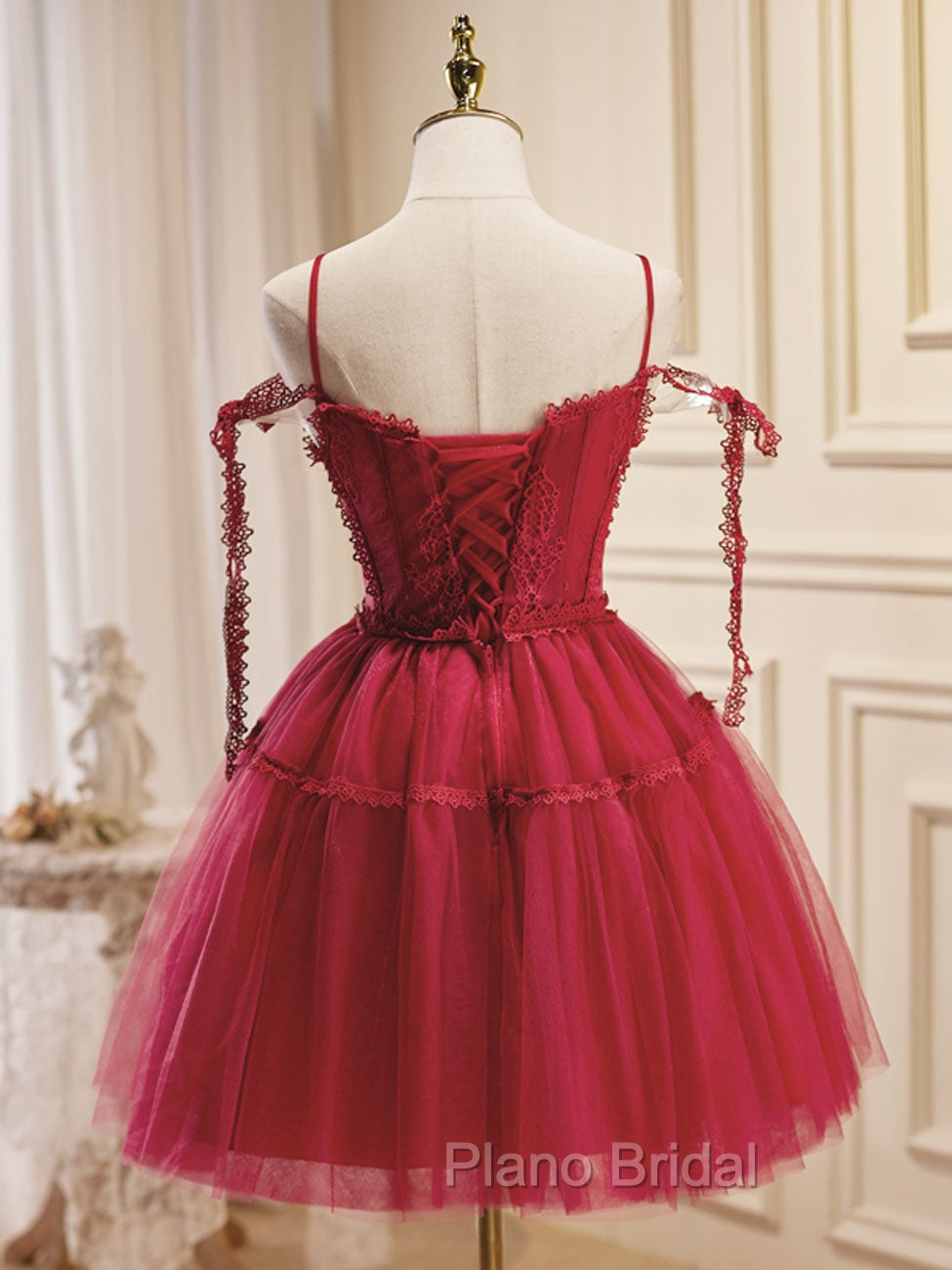 A-Line Burgundy Lace Short Formal Prom Dresses, Burgundy Puffy Homecoming Dresses