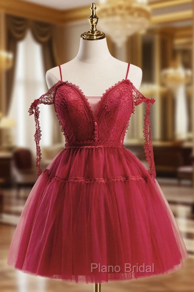 A-Line Burgundy Lace Short Formal Prom Dresses, Burgundy Puffy Homecoming Dresses