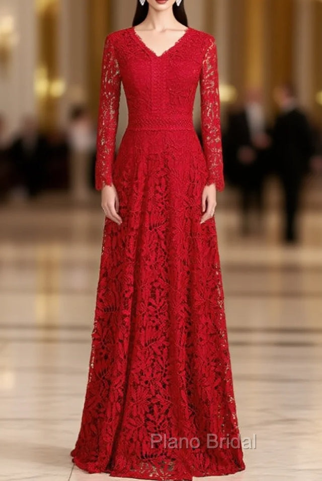A-Line Burgundy Lace V-neck Long Sleeve Formal Prom Dresses Main image