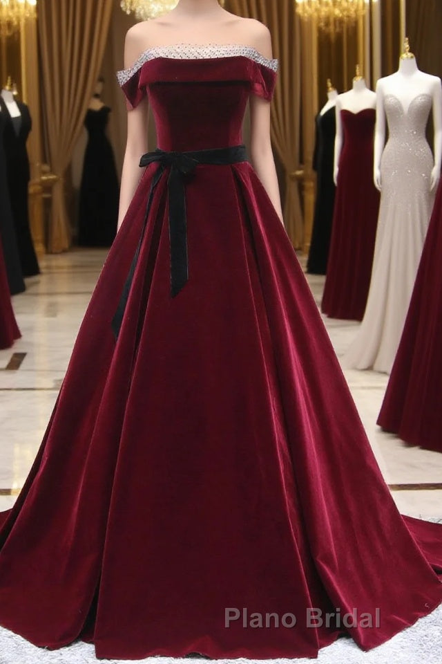A-Line Burgundy Long Formal Prom Dresses, Burgundy Formal Evening Dresses Main image