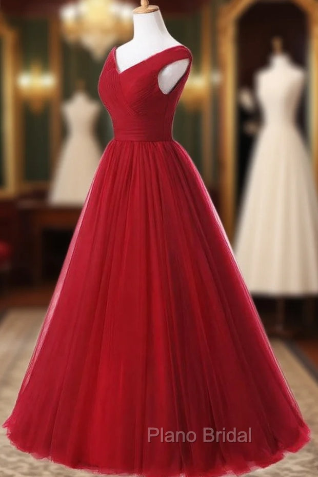 A Line Burgundy Long V-neck Tulle Formal Prom Dresses Main image