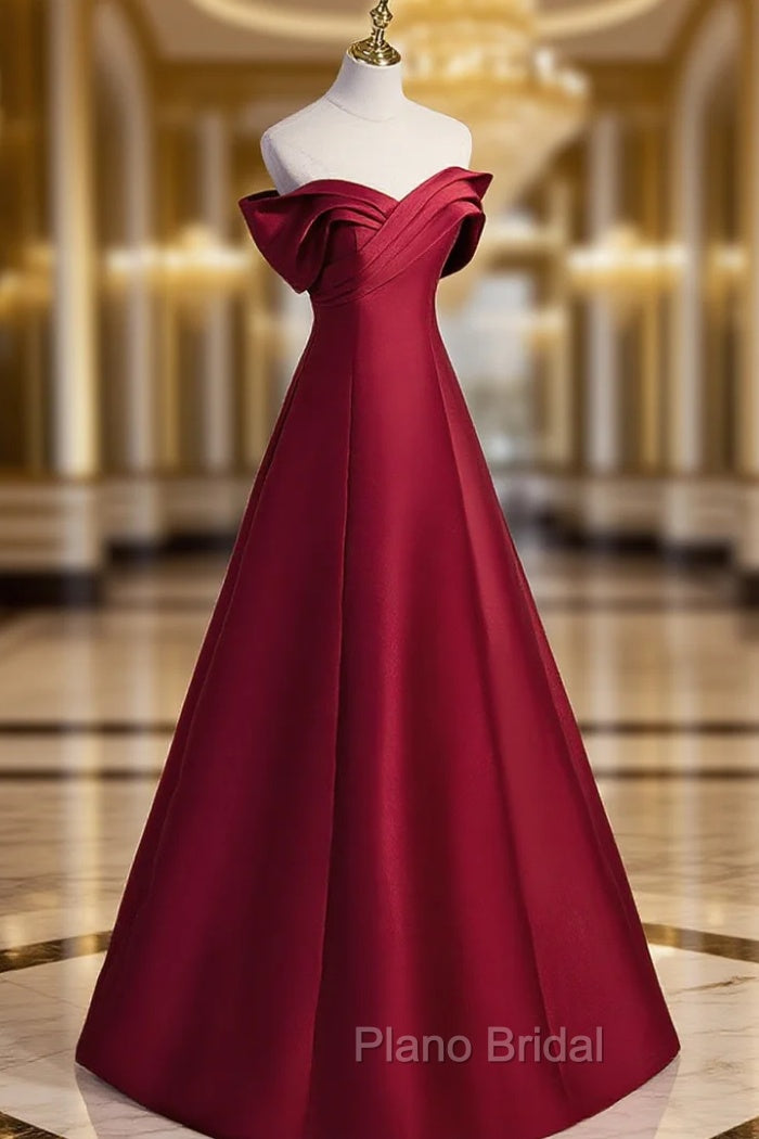 A-Line Burgundy Off Shoulder Long Formal Prom Dresses, Burgundy Evening Dresses Main image