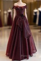 A-Line Burgundy Organza Burgundy Long Formal Prom Dresses, Burgundy Long Evening Dresses