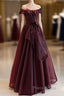 A-Line Burgundy Organza Burgundy Long Formal Prom Dresses, Burgundy Long Evening Dresses