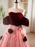 A-Line Burgundy/Pink Tulle Velvet Long Formal Prom Dresses, Burgundy Formal Dresses