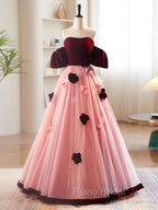A-Line Burgundy/Pink Tulle Velvet Long Formal Prom Dresses, Burgundy Formal Dresses