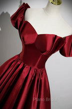 A-Line Burgundy Satin Floor Length Formal Prom Dresses, Off the Shoulder New Party Dresses