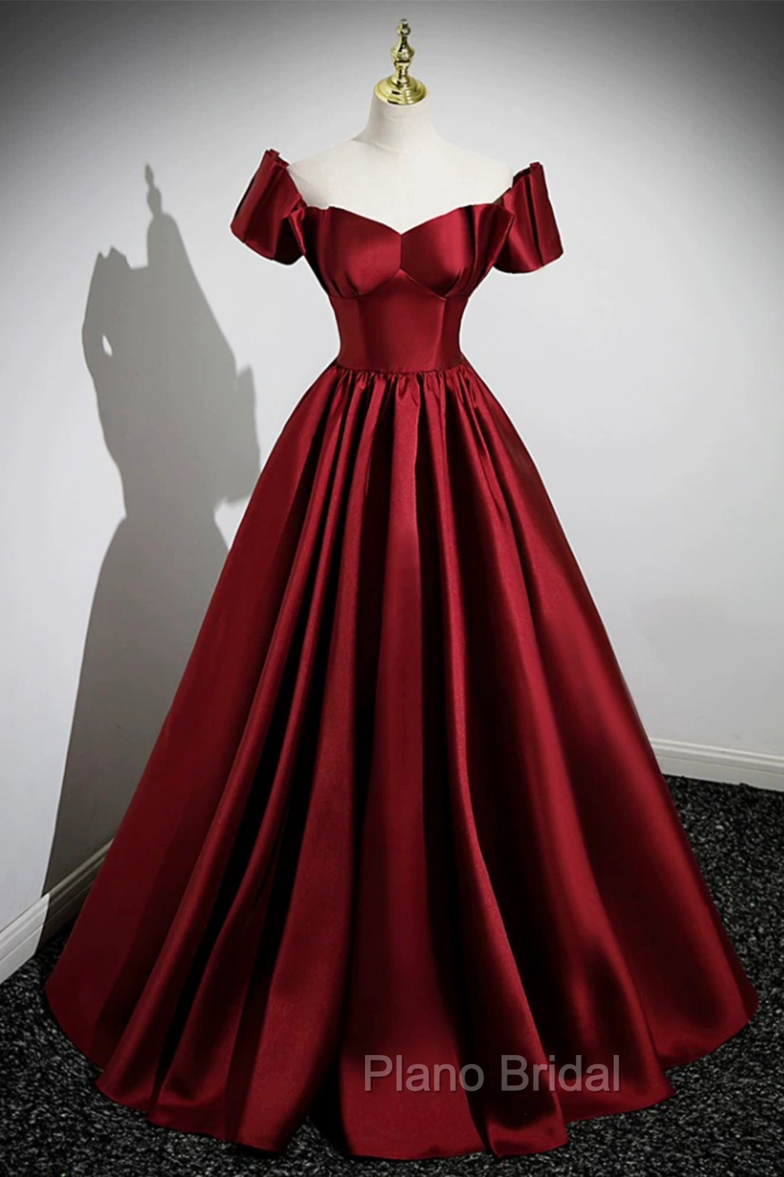 A-Line Burgundy Satin Floor Length Formal Prom Dresses, Off the Shoulder New Party Dresses Main image