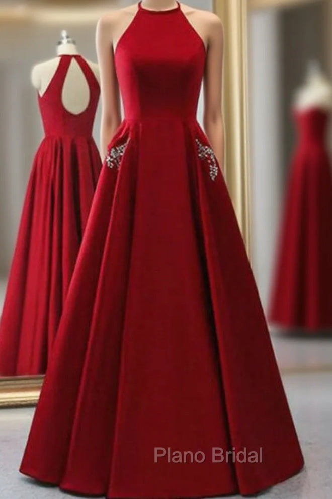 A Line Burgundy Satin Halter Open Back Evening Dresses With Pocket Main image
