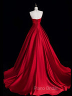 A-Line Burgundy Satin Long Formal Prom Dresses, Burgundy Long Formal Dresses