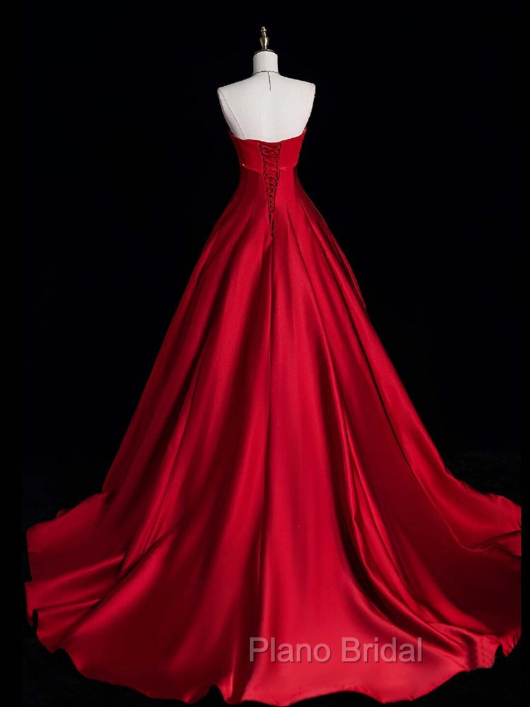 A-Line Burgundy Satin Long Formal Prom Dresses, Burgundy Long Formal Dresses