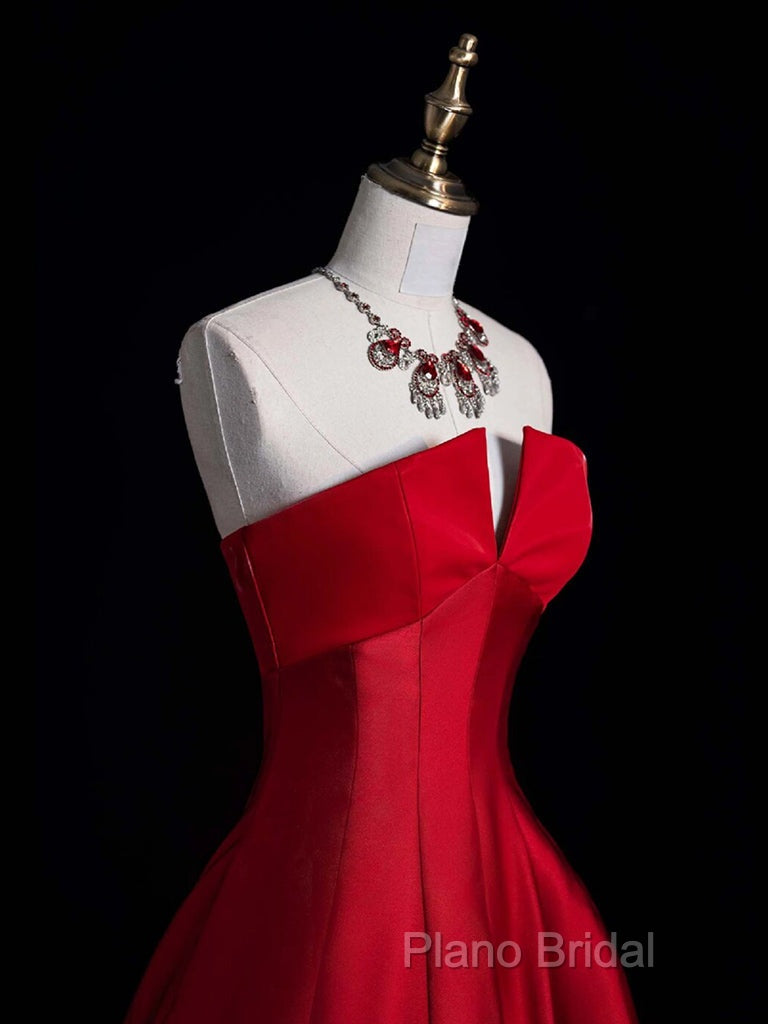 A-Line Burgundy Satin Long Formal Prom Dresses, Burgundy Long Formal Dresses