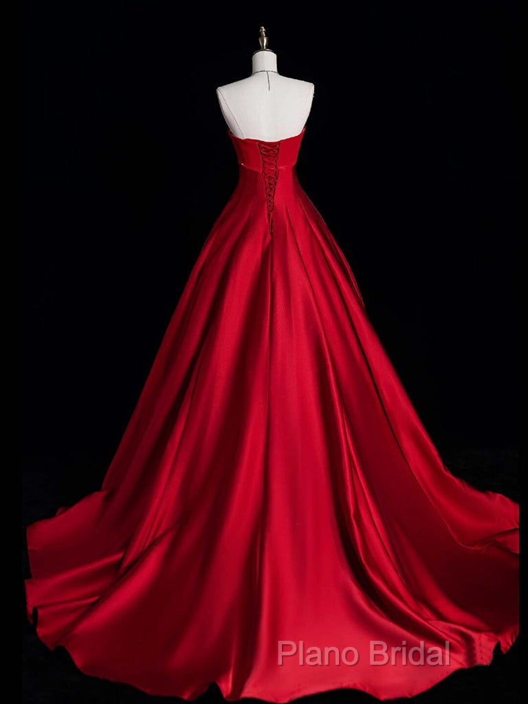 A-Line Burgundy Satin Long Formal Prom Dresses, Burgundy Long Formal Dresses