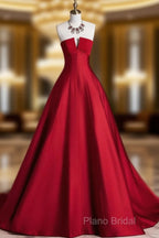 A-Line Burgundy Satin Long Formal Prom Dresses, Burgundy Long Formal Dresses