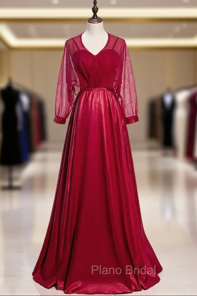 A-Line Burgundy Satin Long Sleeve V-neck Formal Prom Dresses Main image