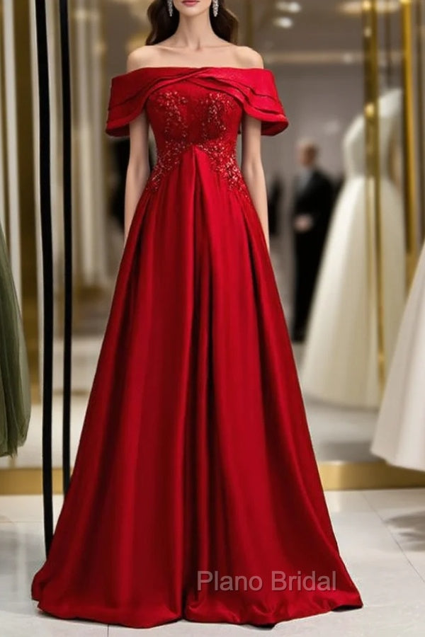 A-Line Burgundy Satin Off the Shoulder Beading Formal Prom Dresses