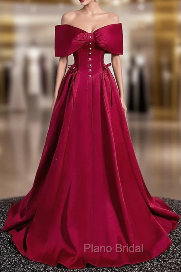 A-Line Burgundy Satin Off the Shoulder Pearls Formal Prom Dresses Main image