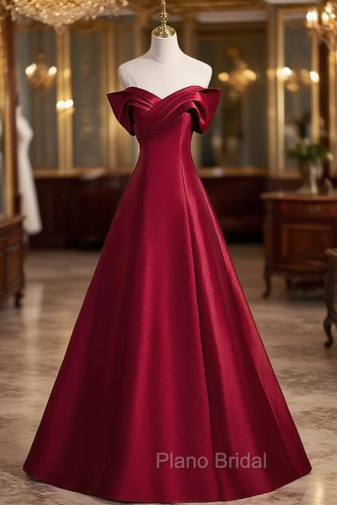 A-Line Burgundy Satin Off the Shoulder Pleats Formal Prom Dresses