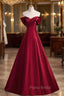 A-Line Burgundy Satin Off the Shoulder Pleats Formal Prom Dresses
