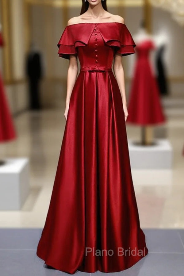 A-Line Burgundy Satin Off the Shoulder Formal Prom Dresses With Button Main image