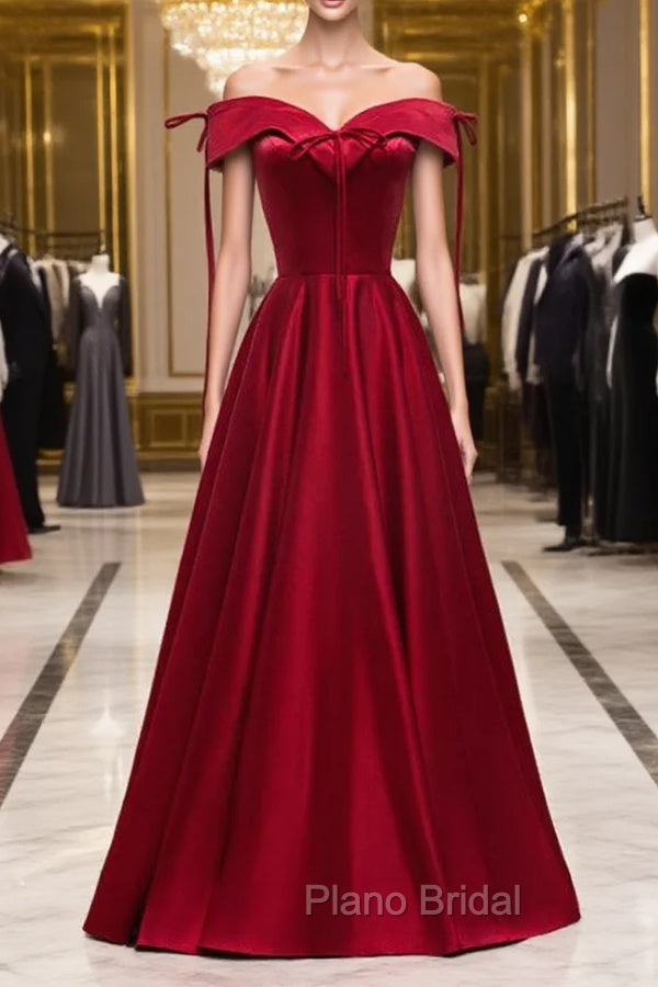 A-Line Burgundy Satin Off the Shoulder Formal Prom Dresses