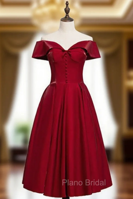 A-Line Burgundy Satin Off the Shoulder Short Tea Length Formal Prom Dresses Main image