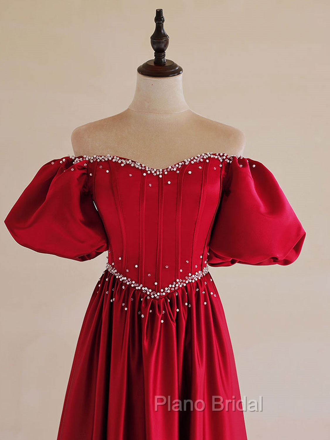 A-Line Burgundy Satin Puff Sleeves Long Formal Prom Dresses, Burgundy Formal Evening Dresses Secondary image