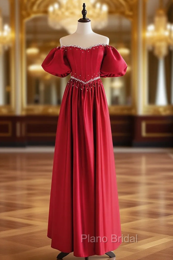 A-Line Burgundy Satin Puff Sleeves Long Formal Prom Dresses, Burgundy Formal Evening Dresses Main image