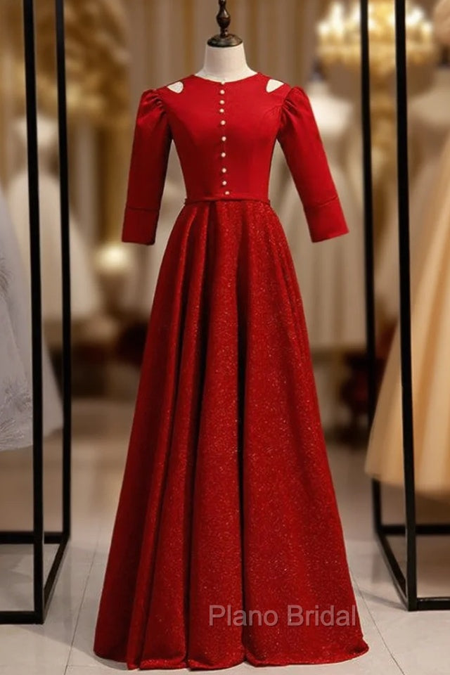 A-Line Burgundy Satin Short Sleeve Formal Prom Dresses With Pearls Main image