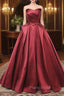 A-Line Burgundy Satin Strapless Pleats Formal Prom Dresses