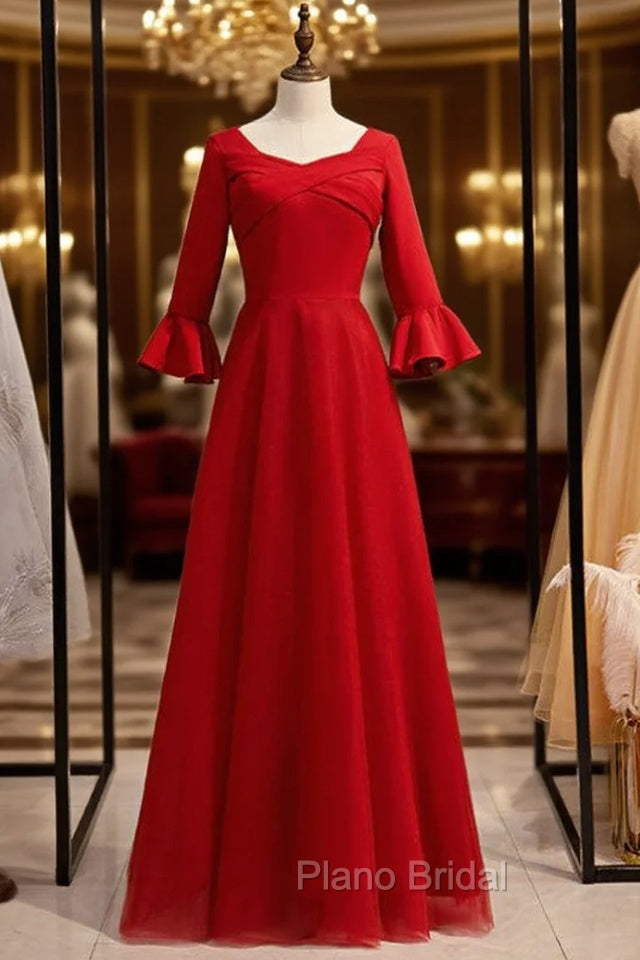 A-Line Burgundy Satin Tulle Half Sleeve Simple Formal Prom Dresses