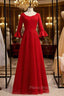 A-Line Burgundy Satin Tulle Half Sleeve Simple Formal Prom Dresses