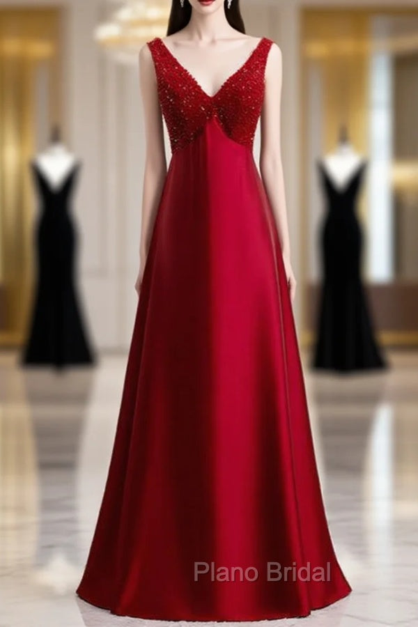 A-Line Burgundy Satin V-neck Beading Formal Prom Dresses