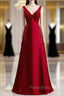 A-Line Burgundy Satin V-neck Beading Formal Prom Dresses