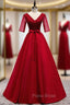 A-Line Burgundy Satin V-neck Short Sleeve Sequins Formal Prom Dresses