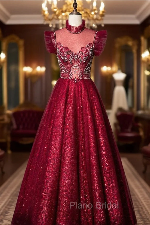 A-Line Burgundy Sequins High Neck Beading Crystal Formal Prom Dresses