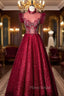 A-Line Burgundy Sequins High Neck Beading Crystal Formal Prom Dresses