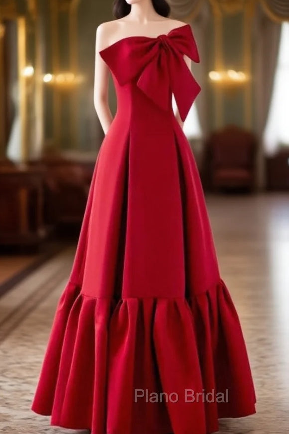 A-Line Burgundy Straples Bow Formal Prom Dresses Main image
