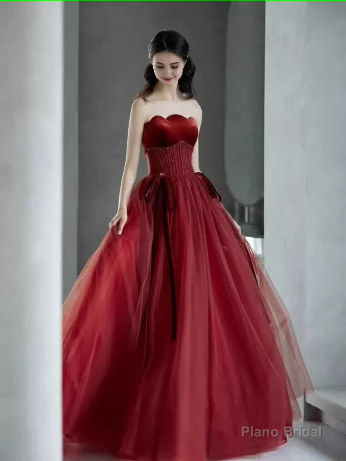 A line Burgundy Strapless Prom Dresses Evening Dress Main image