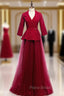 A-Line Burgundy Tulle 3/4 Sleeve V-neck Formal Prom Dresses