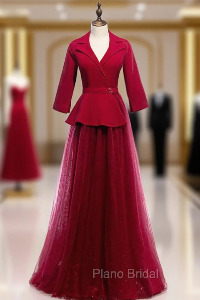 A-Line Burgundy Tulle 3/4 Sleeve V-neck Formal Prom Dresses