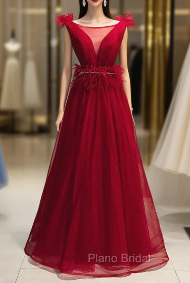 A-Line Burgundy Tulle Bateau Pleats Formal Prom Dresses With Feather Main image