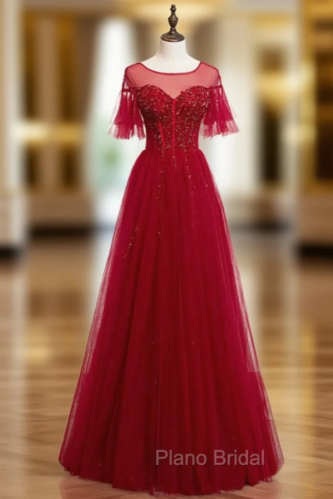 A-Line Burgundy Tulle Beading Sequins Long Formal Prom Dresses Main image