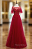 A-Line Burgundy Tulle Beading Sequins Long Formal Prom Dresses