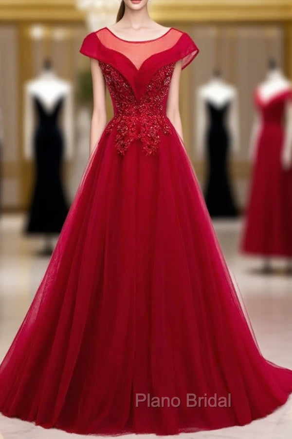 A-Line Burgundy Tulle Cap SLeeve Backless Formal Prom Dresses Main image