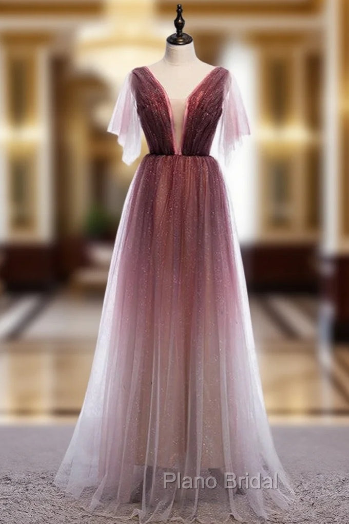 A-Line Burgundy Tulle Deep V-neck Pleats Formal Prom Dresses