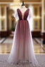 A-Line Burgundy Tulle Deep V-neck Pleats Formal Prom Dresses