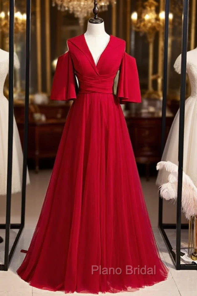 A-Line Burgundy Tulle Deep V-neck Formal Prom Dresses Main image