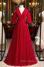 A-Line Burgundy Tulle Deep V-neck Formal Prom Dresses
