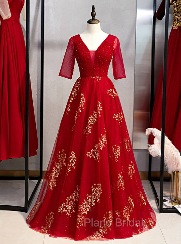 A-Line Burgundy Tulle Gold Sequins V-neck Short Sleeve Formal Prom Dresses Main image